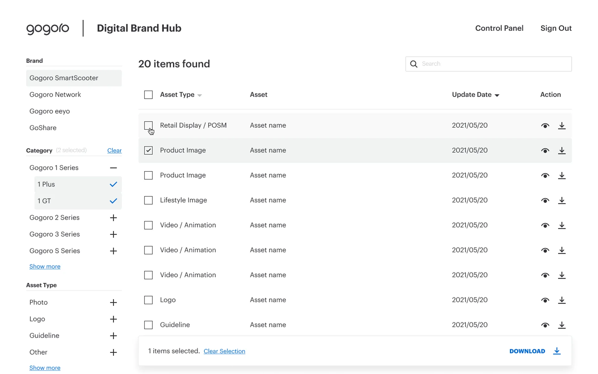 Gogoro Digital Brand Hub download page with brand, category, and asset-type filters