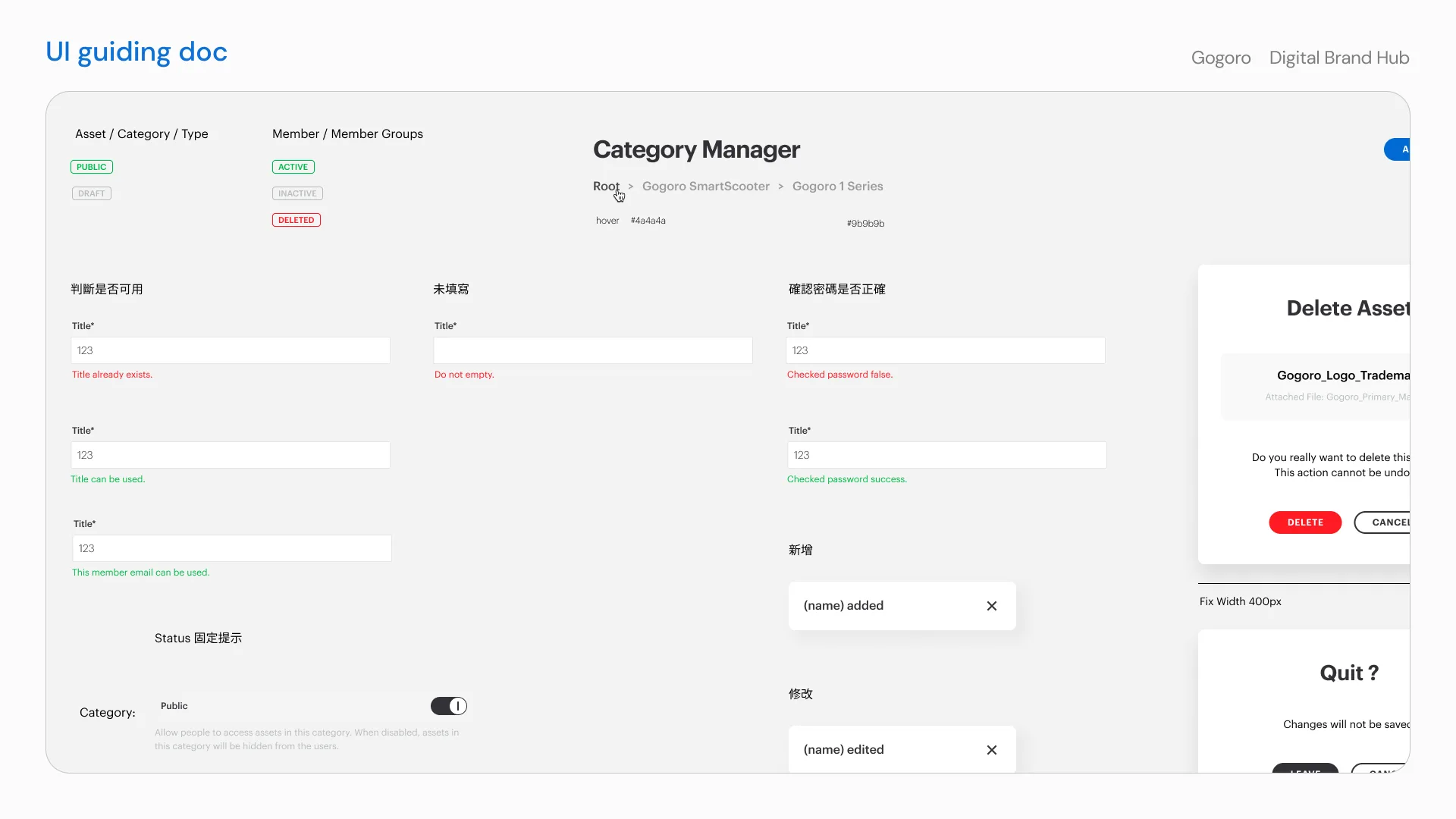 Component states, form validation, dialogs, and status messages
